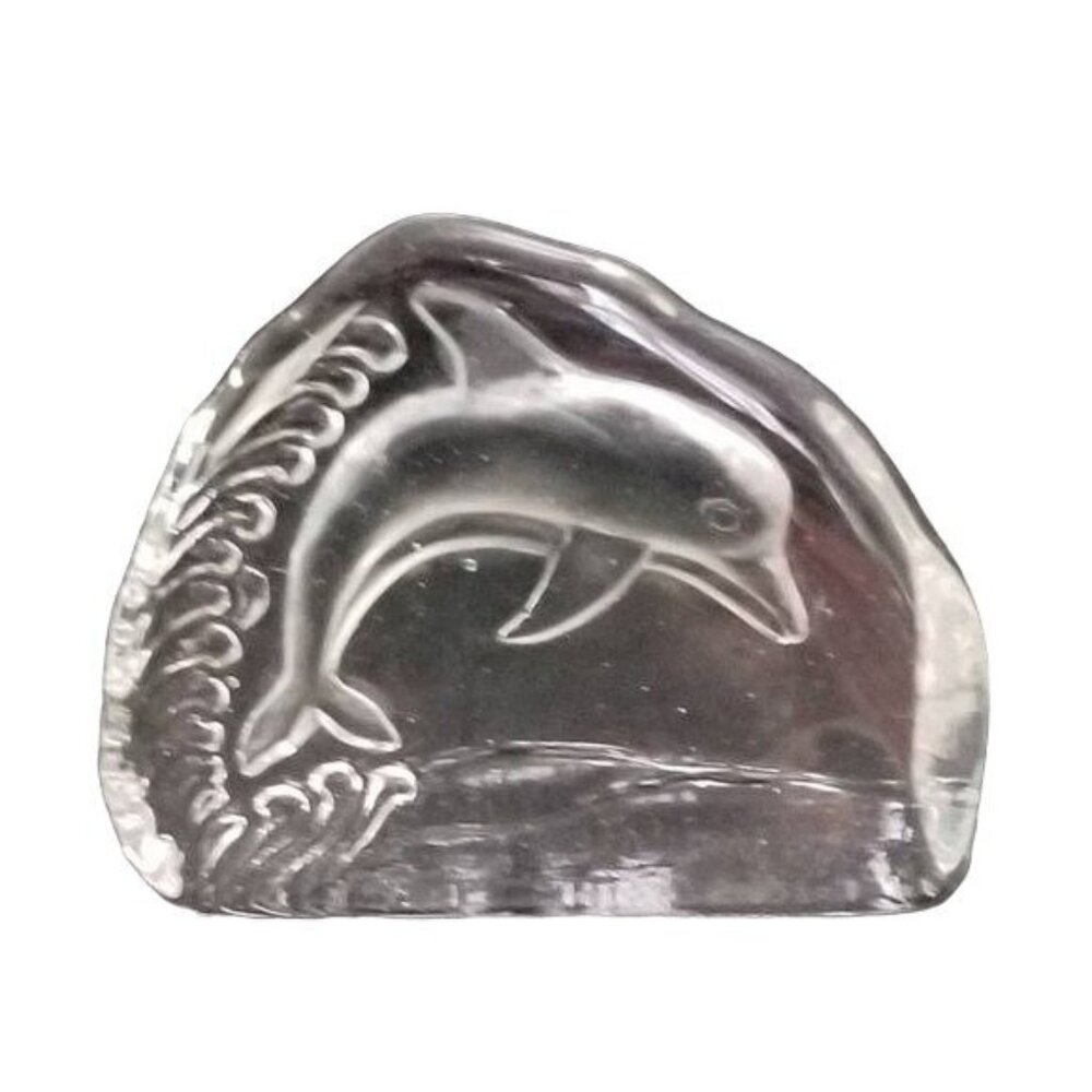 Vintage Clear Glass Dolphin Paperweight With Ocean Wave Design